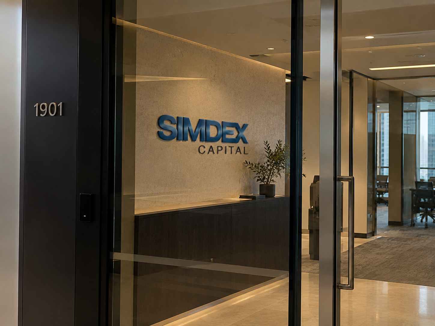 Simdex Capital office reception with the company signage